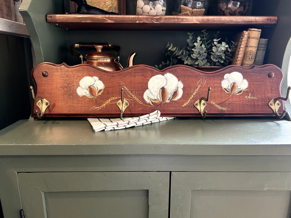 Vintage Handpainted Wooden Coat Rack with Brass Hangers
